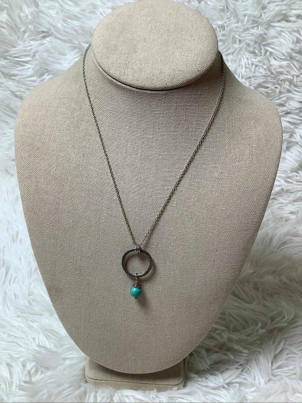 825 Sterling Silver Turquoise Bead Wire-Wrapped Ring Pendant Necklace C32-24
